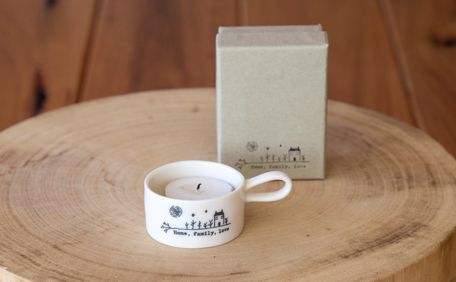Porcelain Tea Light Holder - Home, Family, Love